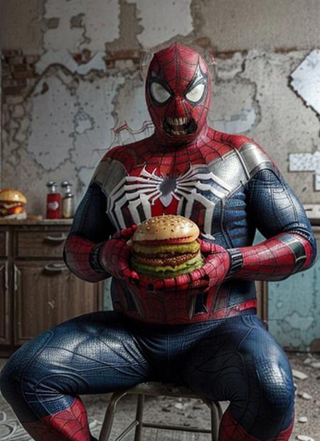 male, very fat, Dressed in a spider-man costume, sitting on a chair, (the abandoned kitchen, scuffed walls:1.4), (Eating  burger:1.6)