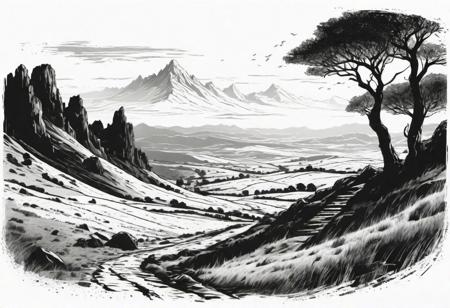Lord of the Rings Rohan Landscape,  grunge engraving, simple shadows, black and White, neutral white background, engraving style, ink sketch style