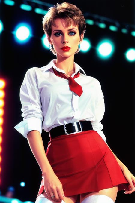 photo of a woman, jamielc-3136:0.99, ((short hair, pixie cut, dark brown hair):1.2), ((cowboy shot, waist, hips, thighs):1.2),(sexy pose, seductive pose), ((dancing, on stage, dance lights):1.3),((red lipstick,heavy eyeliner, heavy eye shadow, blush):1.2), ((white shirt, skirt, red necktie, thighhighs):1.2) ((best quality, masterpiece, extreme details, high resolution):1.2), ((detailed eyes, beautiful eyes, detailed face, beautiful face):1.2)