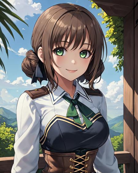 best quality, (masterpiece:1.2), illustration, absurdres,
(1girl, solo), (beautiful detailed girl), (upper body, portrait),
<lora:DuvalieCasual-09:0.8>, Duvalie, green_eyes, light brown hair, (hair bun:0.8), hair ribbon, medium breasts, medieval_outfit, brown_thigh_boots, corset, white_shirt, red_skirt, green_neckwear, (smile, looking at viewer),
magical forest, sky, clouds