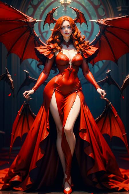 d3m0ndr3ss, long dress, red dress, demon wings