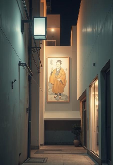 A forgotten alleyway where an old painting of a historical figure seems to glow under the streetlights
minimalist architectural elegance, soft pastel ukiyo-e color palette, delicate elongated figures in ethereal modern structures, fluid calligraphic linework, floating geometric platforms, airy transparent walls, asymmetrical rhythmic composition, serene and poetic atmosphere