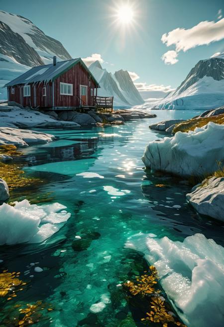 (ultra high res:1.4), (masterpiece), (beautiful lighting:1.4) , greenland greenery,  greenland river, icy water water, forest, Greenlandic homes and cabins,  sunlight illuminates the icy water, (deep underwater), anime, above water, (clear underwater), beautiful sky with clouds,  depth