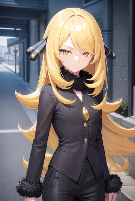 pokemoncynthia, <lora:pokemoncynthia-lora-nochekaiser:1>,
pokemoncynthia, blonde hair, hair ornament, hair over one eye, long hair, (yellow eyes:1.5), <lora:sensualface_type1:1>, smile,
BREAK black coat, black pants, black shirt, coat, fur collar, fur trim, fur-trimmed sleeves, pants, shirt,
BREAK looking at viewer, upper body, full body, (cowboy shot:1.5),
BREAK outdoors, nature, sky,
BREAK <lyco:GoodHands-beta2:1>, (masterpiece:1.2), best quality, high resolution, unity 8k wallpaper, (illustration:0.8), (beautiful detailed eyes:1.6), extremely detailed face, perfect lighting, extremely detailed CG, (perfect hands, perfect anatomy),