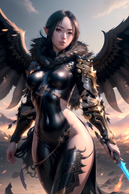 <lora:jinsoyunV4:0.6>jinsoyun,1girl, solo, breasts, black hair, holding, weapon, wings, pointy ears, sword, holding weapon, armor, lips, bodysuit, shoulder armor ,(realistic:1.2), (realism), (masterpiece:1.2), (best quality), (ultra detailed), (8k, 4k, intricate),(full-body-shot:1), (85mm),light particles, lighting, (highly detailed:1.2),(detailed face:1.2), (gradients), sfw, colorful,(detailed eyes:1.2)(detailed background),detailed landscape, (dynamic angle:1.2), (dynamic pose:1.2), (rule of third_composition:1.3), (Line of action:1.2)