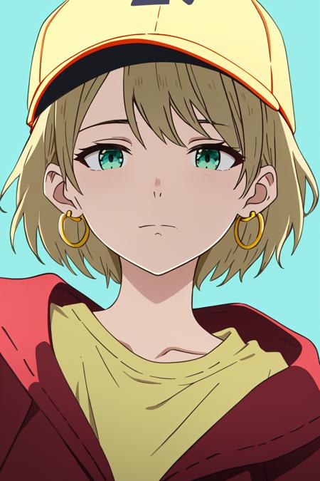 koe no katachi, masterpiece, best quality, 1girl, aqua eyes, baseball cap, blonde hair, closed mouth, earrings, green background, hat, hoop earrings, jewelry, looking at viewer, shirt, short hair, simple background, solo, upper body, yellow shirt <lora:koe_no_katachi_offset:1>