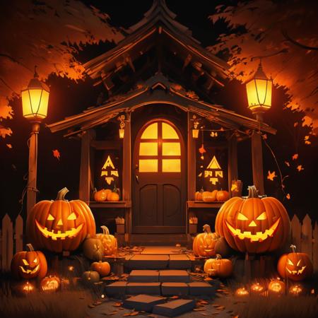 best quality,highly detailed,masterpiece,ultra-detailed,illustration,<lora:ä¸å£è:0.7>,
jack-o'-lantern, pumpkin, halloween, stairs, lantern, no humans, night, tree, scenery, outdoors, house, leaf, grass, ghost, dark, door, glowing, fence