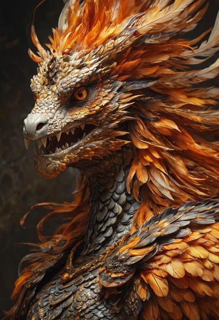 (masterpiece, best quality, stunning, highly detailed, close-up view of a medusa-phoenix hybrid creature, (intricate feathers, detailed scales, detailed snake-like hair, fiery feathers), dramatic lighting, HDR, (mythical, fantasy), oil painting), legendary creature, trending on artstation