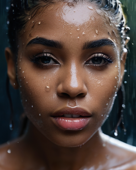 fashion editorial, a portrait of a young beautiful black woman in water drops, wet hair and skeen, mystical gaze, highres, realistic photo, professional photography, cinematic angle, dynamic light back shining,