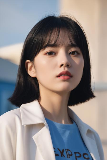 1girl, solo, blurry background, black hair, outdoors, light on face, blurry, black eyes, upper body, lips, day, sky, realistic, blue sky, shirt, white shirt, short hair, jacket, closed mouth, looking to the side, Zhenxin,
best quality, photo \(medium\), realistic,(extremely detailed face:1.2), (extremely detailed eyes:1.2),epic, gorgeous, film grain, grainy,highly detailed, detailed skin texture,