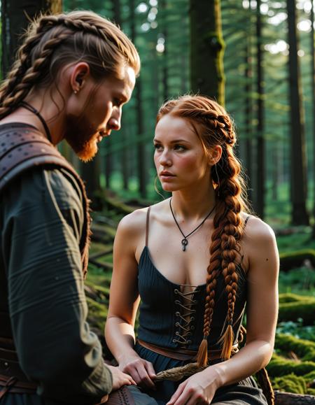 RAW full body image of a gorgeous 25 years old Gorgeous Viking Woman auburn haired, braided hair, <lora:NordicByNature:0.8>,The Healing Hands, A Viking woman carefully applying a herbal remedy to a wounded warrior, her expression focused and full of wisdom.,high quality, film grain, Fujifilm XT3, 8k uhd, dslr, film grain, kodak tri-x 400 film, grain photo DOF, faint lighting, dynamic angle, cinematic, Depth of field, bokeh, best quality, cinematic, light particles, highly_detailed, very_aesthetic, golden hour, beautiful_and_aesthetic clear focus, high resolution image, (soft naural light), (rembrandt light), (soft shadows) ,Sexy pose, erotic pose, exhibitionism,