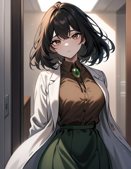 kondo musubu, brown eyes, black hair, medium hair, bangs, brown shirt, dark green skirt, labcoat, black thighhihg, green brooch, black ribbon, 