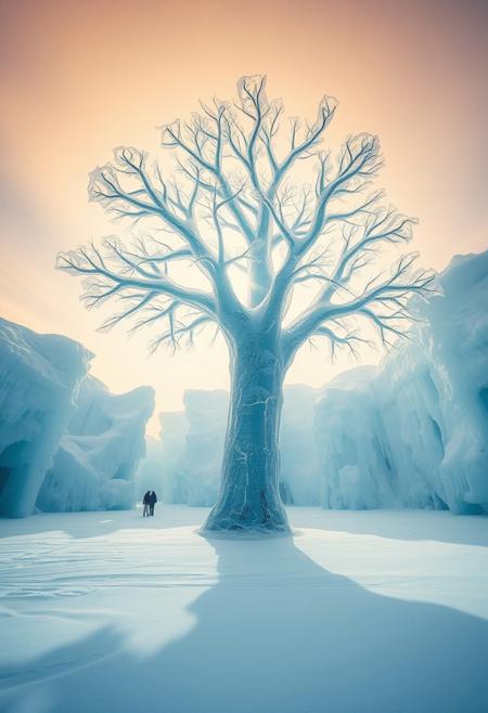icy landscape. A gigantic ice sculpture shaped like a tree stands at the center, its transparent branches reaching skyward. Soft washes of sunlight spill through the ice, creating gentle reflections in the snow-covered ground. brings a dreamy, fluid quality to the scene, with soft blues and golden yellows blending harmoniously.