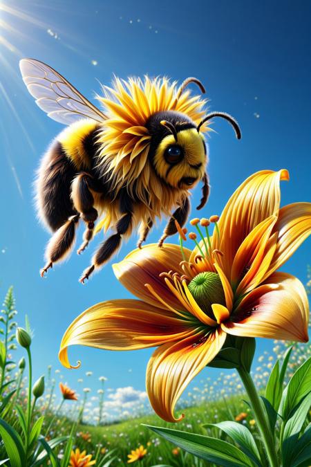  A semi-realistic, extra-fuzzy bumblebee inspired by Chewbacca the Wookiee, with shaggy fur and a humorous, slightly cartoonish face. The bumblebee has large googly eyes looking in different directions and a cheerful smile. It's descending into a giant, vibrant tiger lily flower with bold yellow-orange petals, visible stamens and pistils. The perspective is from slightly below, showing the bumblebee mid-air with motion lines on its small wings as it hovers down. In the background, a vast, deep blue sky stretches infinitely, with a radiant sun glowing in the upper left corner. The flower, bumblebee, and sun form a diagonal composition. Bright green grass, leaves, and the flower’s stem fill the bottom edge. The colors are vivid and spring-like, radiating warmth, joy, and hope for a brighter future. Ultra-detailed, high-quality, painterly style.