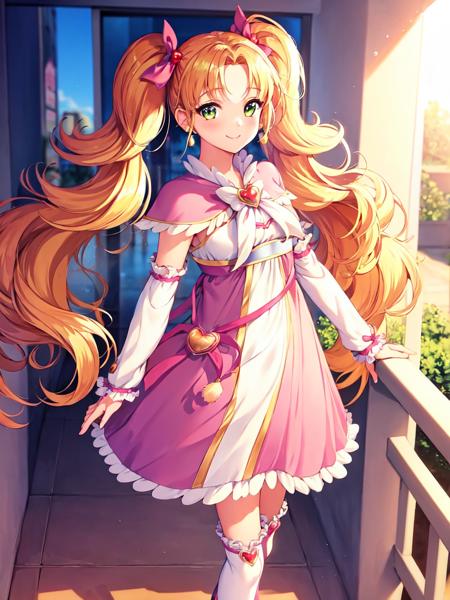 shiny-luminous shiny-luminous, blonde hair, twintails, pink dress, capelet, brooch, arm warmers, leg warmers, boots, porch, earrings