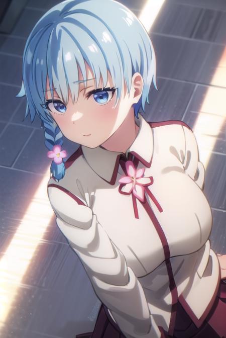 lunakusami, <lora:luna kusami s1-lora-nochekaiser:1>,
luna kusami, short hair, blue eyes, hair ornament, blue hair, flower, hair flower, braid, single braid,
BREAK skirt, long sleeves, school uniform, pleated skirt, serafuku,
BREAK indoors, classroom,
BREAK looking at viewer, (cowboy shot:1.5),
BREAK <lyco:GoodHands-beta2:1>, (masterpiece:1.2), best quality, high resolution, unity 8k wallpaper, (illustration:0.8), (beautiful detailed eyes:1.6), extremely detailed face, perfect lighting, extremely detailed CG, (perfect hands, perfect anatomy),