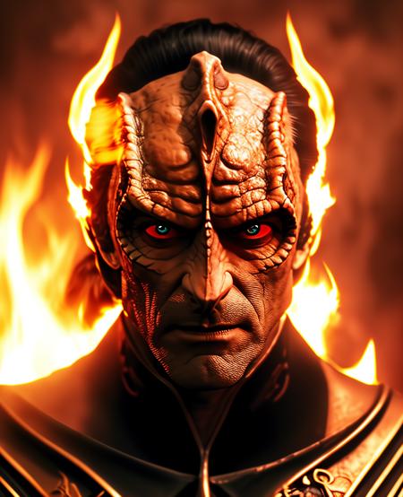 sdn <lora:diffusiondesign_SDN_LoRA_1.12:0.65>, photorealistic devil king (gul dukat), (cardassian), man, wearing cardassian uniform. hyperdetailed photorealism, 108 megapixels, amazing depth, glowing rich colors, 3d final render, 3d shading, cinematic lighting, artstation concept art, dramatic, low angle, demonic, red, flames of hell, particle effects, marc alaimo, best quality, ultra detailed, glowing red eyes, night, fire, temple, looking at viewer, complex background, dark ambient, ominous, (evil:1.2), immolation