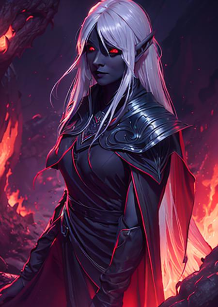 `(1 female, young adult, dark elf), silver, shoulder-length hair, ruby eyes, adorned in a cloak of shadows, escaping from a fire-breathing salamander in a magma-lit underground chasm, realistic, fantasy setting, high resolution, detailed, color <lora:DarkElf_V3:1>`