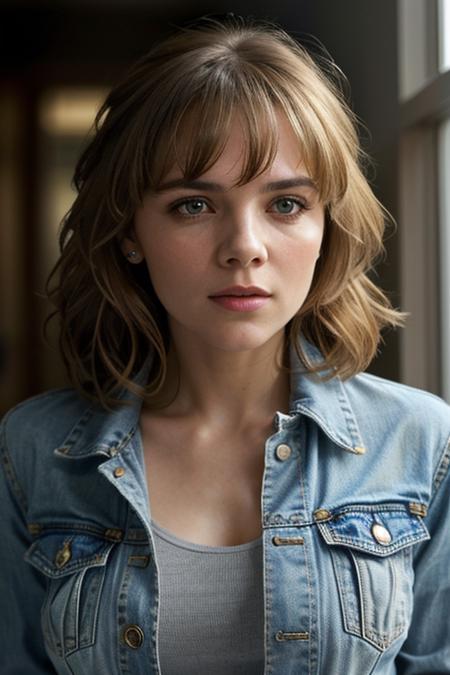 a photo of grac13-001, 1girl, bangs, looking at viewer, parted lips, realistic, solo, a woman with a denim jacket on looking off to the side with a serious look on her face, a character portrait.  fcHeatPortrait. (closeup:1.3). BREAK olive green eyes.