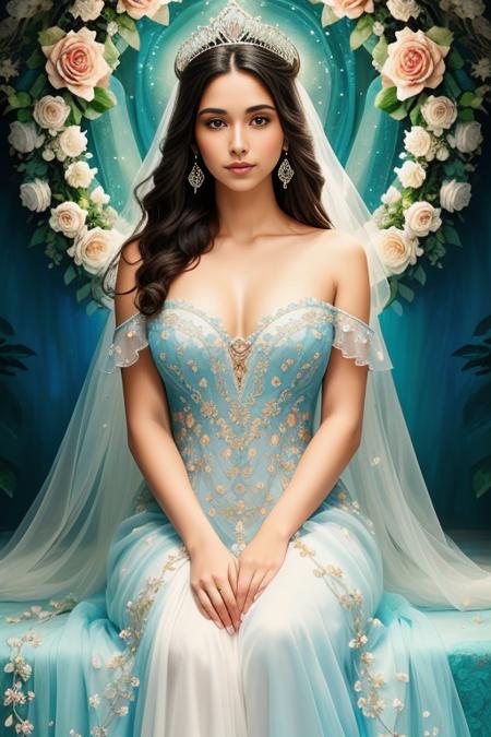 masterpiece octane render,  posing enchanting beauty, (regal:1.2) woman adorned with a crown of (azure:1.1) roses, (intricate:1.2) petals delicately woven together, (vivid:1.1) hues of blue, (mesmerizing:1.2) centerpiece, (feminine:1.1) grace, (serene:1.1) expression, (ethereal:1.2) atmosphere, by Sophia Ramirez, Nikon D850 camera, (artistic:1.3) composition, (soft:1.1) lighting, (dreamlike:1.2) aura, (timeless:1.2) elegance, (captivating:1.1) allure, (majestic:1.1) presence, (whisper of nature:1.1), (symbolic:1.1) significance, (poetic:1.2) interpretation, (floral:1.1) royalty. summer dress