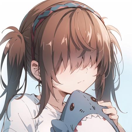 1girl, solo, shirt, hair over eyes, short twintails, long hair, medium breasts, brown hair, hairband, <lora:SayoShinoyama:0.6>, stuffed toy, stuffed shark