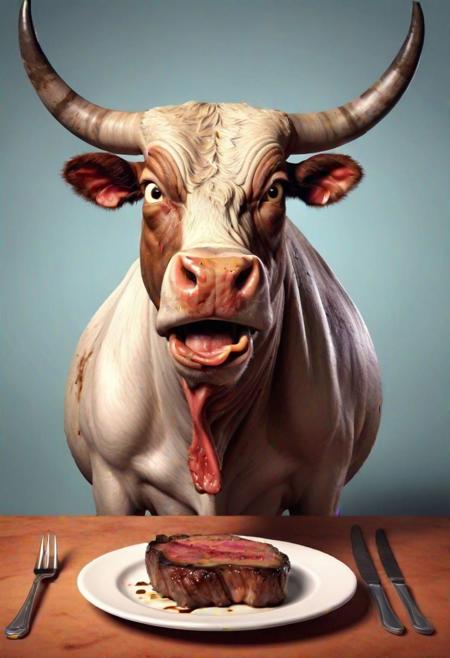 Ultra realistic bull, horrified expression upon viewing a steak on a plate, exaggerated cartoon style