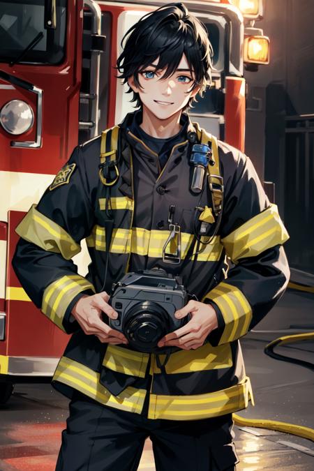 AxiaKrone, blue eyes, black hair, 1boy, solo, smile, standing, dynamic pose, <lora:AxiaKrone-03:0.4>, 8k, masterpiece, best quality, absurdres, perfect anatomy, cinematic lighting, cowboy shot, (firefighter uniform:1.3), pants,