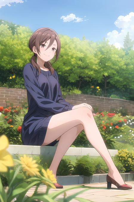 1girl, brown eyes, brown hair, low twintails, outdoor, day, casual dress, garden background, kikuchi_akane, smile, Sitting with legs crossed, one hand on knee,  <lora:add_detail:0.65>