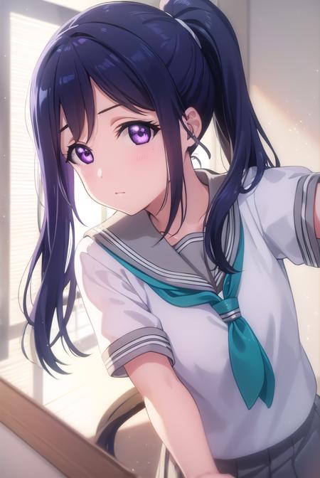 kananmatsuura, <lora:kanan matsuura s2-lora-nochekaiser:1>,
kanan matsuura, long hair, blue hair, (purple eyes:1.1), ponytail, sidelocks,
BREAK skirt, school uniform, short sleeves, pleated skirt, serafuku, socks, neckerchief, kneehighs, black socks, green neckerchief, grey skirt, uranohoshi school uniform,
BREAK indoors, classroom,
BREAK looking at viewer, (cowboy shot:1.5),
BREAK <lyco:GoodHands-beta2:1>, (masterpiece:1.2), best quality, high resolution, unity 8k wallpaper, (illustration:0.8), (beautiful detailed eyes:1.6), extremely detailed face, perfect lighting, extremely detailed CG, (perfect hands, perfect anatomy),