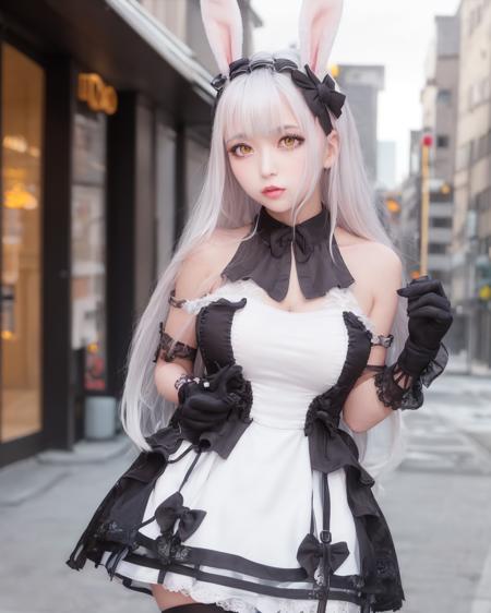 1girl,standing,outdoors,street, large breasts,<lora:ShimakazeAliceV1[sleeveless_dress]-000008:1>,shimakazealice,white_sleeveless_dress, black legwear,,gloves,blush,heart-shaped pupils, yellow_eyes, ((hand on own chest)), large breasts,  outdoors,street,cityscape,