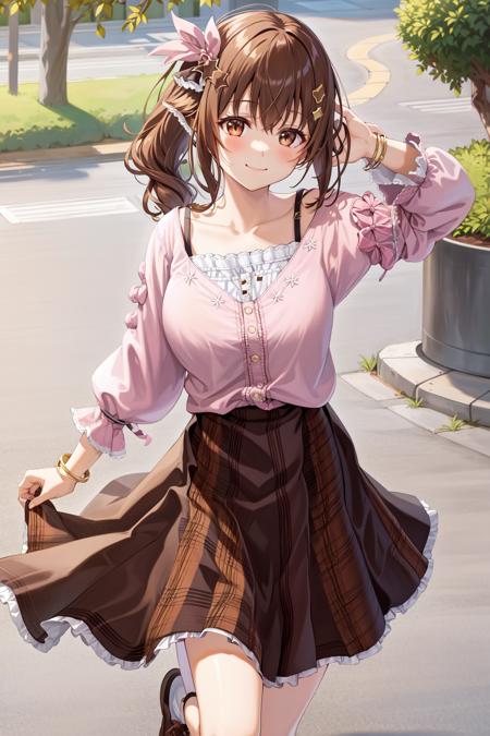 1girl, sora_indoor, solo, star hair ornament, hair ornament, brown hair, star (symbol), skirt, ribbon, hair ribbon, long hair, shirt, brown eyes, cowboy shot, smile ,looking at viewer, white shirt,, hair flaps, bracelet, side ponytail, long skirt, (brown skirt:1.45), pink ribbon, collarbone, jewelry, shoes, blush, hairclip, bangs, pink blouse, plaid, socks, long sleeves, camisole,  large breasts, standing, outdoors, park, spring, pond background, <lora:Hololive_Sora_v1.0:0.7>