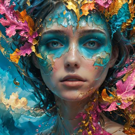 Imagine a world where reality shimmers and bends, where elements of water, clouds, and leaves flow seamlessly through landscapes, portraits, and sci-fi scenes. fractal cracked surface, Paint a vivid dreamscape with a touch of chaos, where striking gold, blue, pink, orange, and teal hues dance across the canvas. Embrace the surreal, the unexpected, and the mesmerizing. Remember, hyperkraximalism thrives on the edge of reality, so don't be afraid to push boundaries and let your creativity flow!
 <lora:xl_more_art-full_v1:0.6>, <lora:add-detail-xl:1.0>, <lora:glowneon_xl_v1:1.0>, <lora:hyperkraximalism_SDXL:0.3>