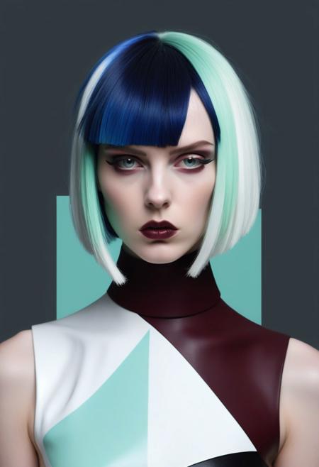The image is a high-resolution photograph featuring a young woman with a striking, avant-garde hairstyle. She has a pale, youthful complexion and is dressed in a bold, edgy outfit. Her hair is styled in a dramatic, layered bob with a striking, asymmetrical fringe that features a stark contrast of colors. The majority of her hair is a pastel mint green, transitioning to a darker, icy blue at the ends. The image is a high-resolution photograph featuring a person with a slender, athletic build, standing against a plain, dark grey background. The individual is dressed in a striking, avant-garde outfit. The top is a sleeveless, asymmetrical, blue and white abstract design with bold, swirling patterns that resemble liquid or flame-like forms. The image is a high-resolution photograph featuring a young woman with a striking, avant-garde hairstyle. She has a pale skin tone and a stern, intense expression. Her hair is a deep maroon color, styled in a sleek, straight bob with blunt bangs. The striking feature of her hair is the multi-colored extensions: sections of hair are dyed in bright blue, yellow, and white, creating a bold, geometric pattern that stands out against the maroon base.