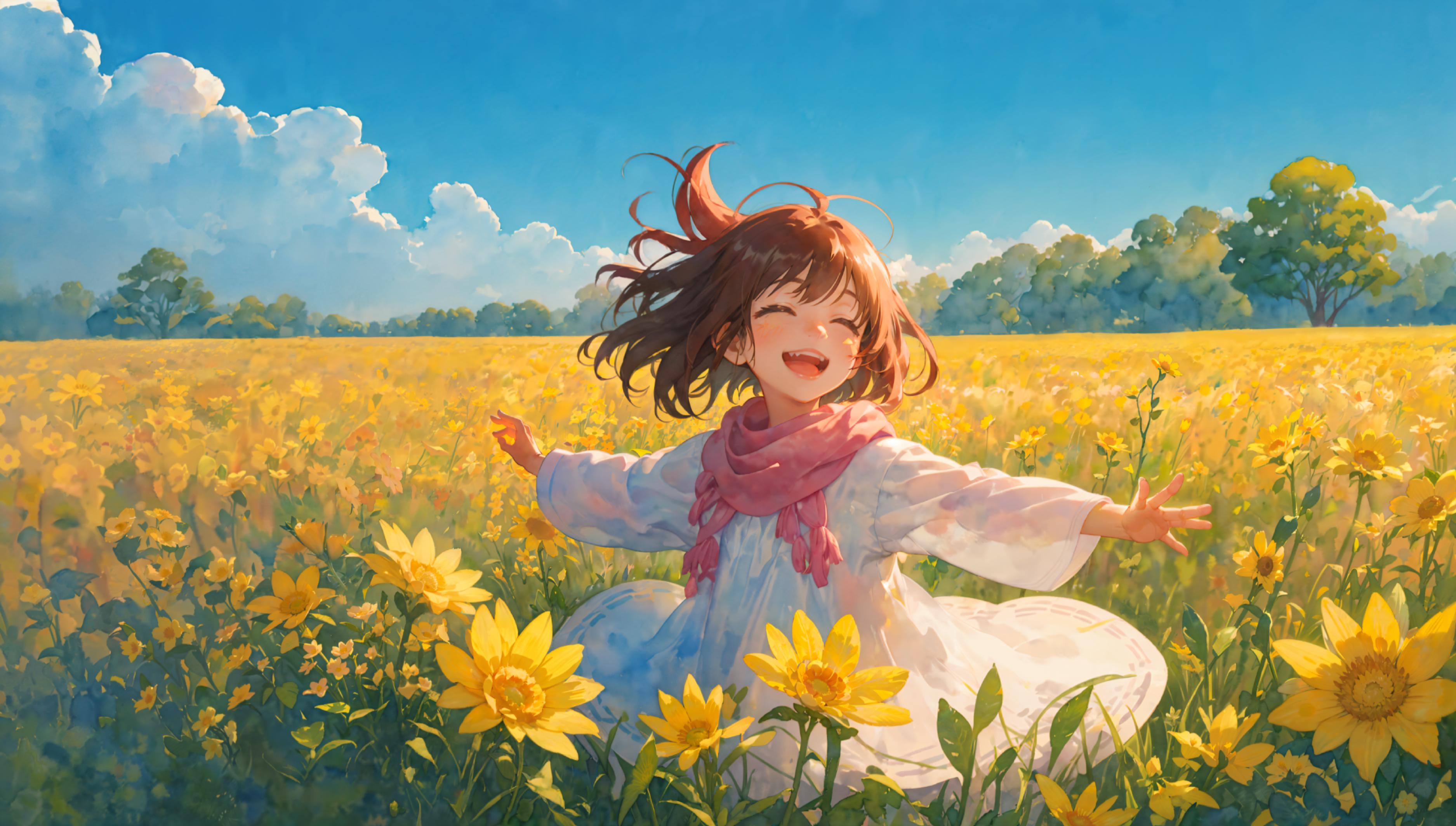 A happy little girl in a white dress playing in a field of flowers.