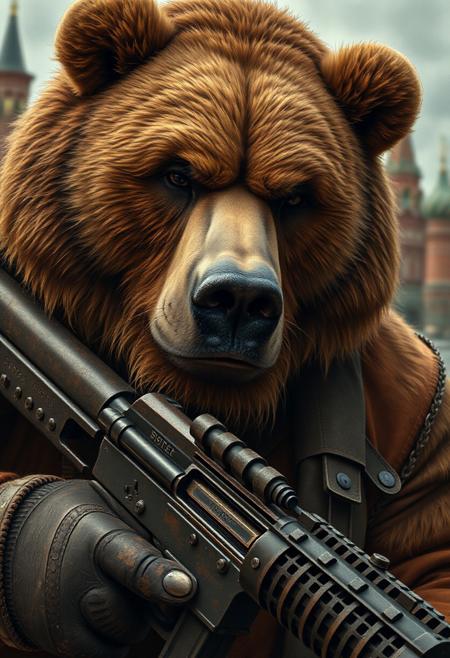 gorgeous oil art by Rudolf Ernst, hyperrealistism, Thick Beefy grizzly bear man with a minigun, detailed post apocalyptic moscow background, depth of field, intricate details, 8k, detailed skin texture, detailed face, realistic eyes, male focus