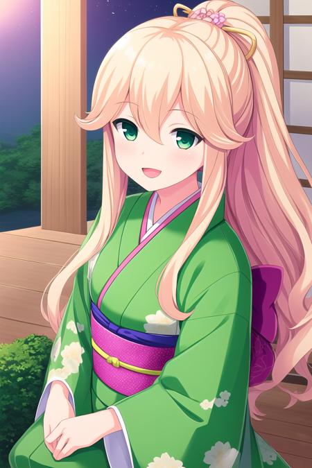 (masterpiece, best quality), highly detailed background, perfect lightingbest quality, yumesakiharuko, solo, outdoors, night, blonde hair, high ponytail, hair between eyes, wavy hair, very long hair, green eyes, green kimono, floral print, japanese clothes, smile, open mouth, :d, pink lips, <lora:Yumesaki-Haruko:0.7>