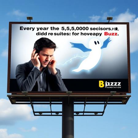 PSA Billboard: Advertisement Billboard of depressed guy on phone, with Ghost Buzz Lightning Symbol with wings flying from the phone, text "Every year more than 5,000 people did not receive any Buzz. Please Donate Buzz". The Logo Buzz Symbol with the text "Buzz Foundation" with the text "A message from:" on top of the logo, billboard from the United States
