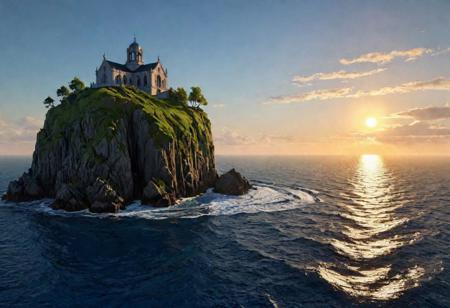 stairs to a small floating island on top of which can be seen a very bright sea with a very bright sundown, by john singer sargent and jan van eyck, trending on artstation, 8 k, wallpaper