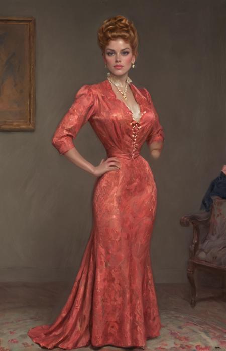 1boy, 1girl, masterpiece, 4k, uhd, dynamic action, (Women are tall with good posture. Women have an arched back and small ass,  women are haughty, women are elegant, women are superior, women are beautiful with high and prominent cheekbones, women have beautiful natural warm skin tones and long and luxuriant (blonde:auburn:0.3) hair, Women are slim with massive breasts. Women wear fitted Edwardian jacket  dresses and narrow skirts. Women are hale and hearty and mirthful.   Women have full lips and a slight sneer,:0.9) Men are tiny and short, men are sniveling and nervous, men have short hair and timid expressions. The scene is moody, (the dominant color being the bright red color of the woman's lips:0.7). an oil painting by Charles Dana Gibson. (An elegantly dressed, very tall and haughty young Gibson Girl in a palatial room:1.3) <lora:hand 4:1>hand  <lora:Gibson_XL:0.3> by g1bs0n <lora:Belle_Epoque_Dresses_1880-1914_XL:0.4> frilly silk and rich brocade 1900_dr3ss <lora:officialpit_style_xl_ilff:0.8> big breasts, dark-skinned male, interracial, female focus, high heels