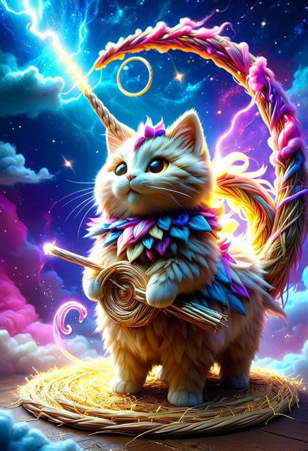 Straw thread, made of straw, big fat Kitten, ridiculously chubby enormous kitten, 
riding on a tiny fluffy unicorn, Go through the Inter Dimensional Portal, 
joy, happiness, smile, 
epic, majestic, fantasy, dreamy, perspective, moody, magical, light and shadow, religious, mythological themes, magnificent, celestial, ethereal, 
concept-art, adventure, characters, fantasy, whimsy, dreaminess, colorful, digital, illustration, magic, 
beautiful, painterly, detailed, textural, artistic, aesthetic, rich details, 
intricate details, highly detailed, ultra-detailed, absurdres, vivid, vibrant, volumetric lighting, 
aid291, midjourneyv6.1, made of golden and blue and red and yellow and purple lightning thunder trails, lthndrtrl