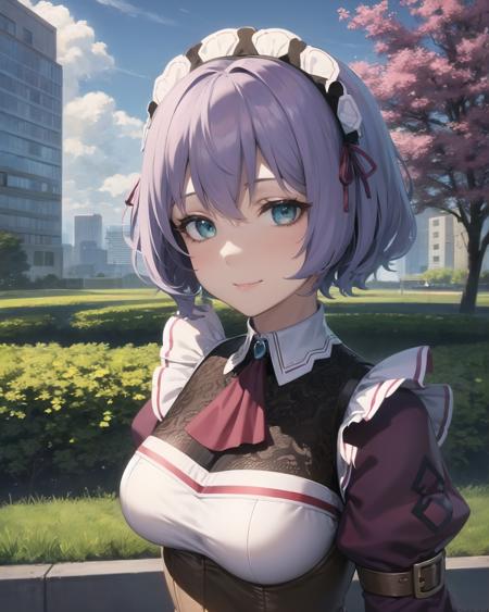 best quality, (masterpiece:1.2), illustration, absurdres,
(1girl, solo), (beautiful detailed girl), (upper body, portrait),,
<lora:SharonMaid-08:0.9>, Sharon Kreuger, lavender hair, short hair, aqua eyes, medium breasts,
maid headdress, burgundy maid outfit, long skirt, frills, brown boots,
park, city, tall buildings, street, tree, sky, clouds, day,,
looking at viewer, gentle smile