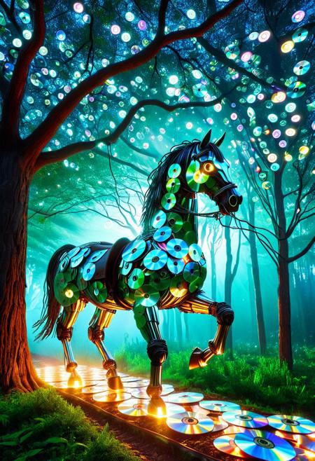 PG-TR,A mythical carriage made of cd's traversing an enchanted forest path made of cd's , luminescent creatures made of cd's guiding the way, ancient trees towering overhead, dusk time ambiance, detailed, fantasy art , made of cd's , neon outlines, wire herb, robotic horse made of cd's