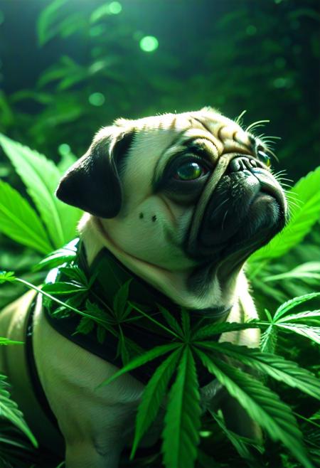 420futurism, closeup shot, from side, pug made of leaves, green leaves, cinematic, cinematic lighting, (masterpiece, best quality:1.4), ultra-high res, 4k, Photorealistic, insanely detailed, sfw,