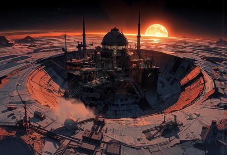 Aerial view from a great height of a massive lunar crater spanning several kilometers. A scientific research station, almost a futuristic city and a mining extraction facility, stands at the heart of this vast lunar basin.
The station’s architecture is sleek and harmonious, composed of glass and steel. A grand building with a colossal astronomical observatory dome towers over numerous other structures, many of which have small domes or cupolas. Multiple platforms host residential and research facilities, with scattered lights, intricate staircases, and antennas spread throughout the area. The crater’s edge is distinctly visible several kilometers away.
In the foreground, additional research domes, pipelines, conduits, and enormous mining machines contribute to the bustling activity across the plain. The sky is intensely illuminated as the sun sets, casting an orange and bluish glow over the frozen city. The air is frigid, with ice crystals drifting in the wind, lifting snow and dust just above the ground. In the vast expanse of space, we are so hight that we see others craters on the horizon. Earth can be seen setting on the horizon.