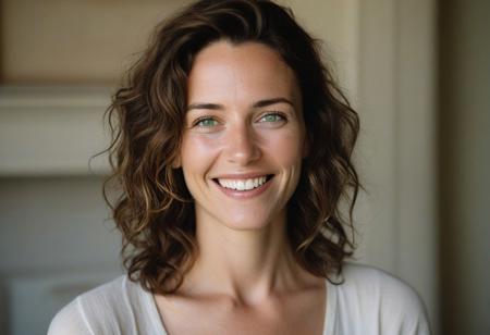 A meticulously detailed, hyper-realistic studio portrait of Olivia, a 35-year-old woman with sun-kissed skin and bright green eyes. She has a slim, oval, delicately contoured face with high cheekbones, a narrow jawline, and a subtle V-shaped chin. Her wavy, short-length light brown hair is casually tousled, framing her naturally beautiful face. Her skin has realistic texture: visible pores, soft natural wrinkles, gentle laugh lines, and minor imperfections that enhance authenticity. She wears a warm, genuine smile with slightly imperfect teeth. the background has beautiful, elegant ,old fireplace,flaming and a Huge Window behind her,showing the sea, captured with an 85mm lens at f/4, with natural color grading and an unedited RAW film look — inspired by Kodak Portra 400. No makeup retouching, no plastic effect, no artificial smoothing.