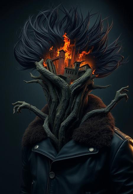 Tree: Dark, moss-covered bark, central focus of the image
Lighting: Soft and diffused, minimal highlights, emphasizing eerie shadows
Mood: Creepy, mysterious, and otherworldly
Hair: Wild, windswept black hair with exaggerated spikes, adding dynamic energy
Cityscape: Miniature burning city integrated into his head, with flames, smoke, and crumbling buildings
Clothing: Heavy leather jacket with fur-lined collar, detailed texture, dark tones
Atmosphere: Intense, apocalyptic, and surreal, symbolizing destruction and chaos
Subject: Tree entwined by multiple human-like arms
Style: Hyper-realistic surrealism with intricate details and dramatic contrasts
