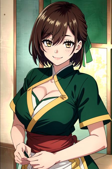 <lora:Lola Metrose:0.8> Lola Metrose, 1girl, solo, breasts, smile, brown hair, blush, cleavage, brown eyes, short hair, hair between eyes, japanese dress, japanese qipao, green dress, hair ribbon, ribbon, bangs, upper body, closed mouth, meme, green ribbon, smirk, ((Shonen Style)), (detailed background, intricate background:1.1), beautiful ((Extremely Detailed)), ((Best Quality)), ((Masterpiece)), ((4k))