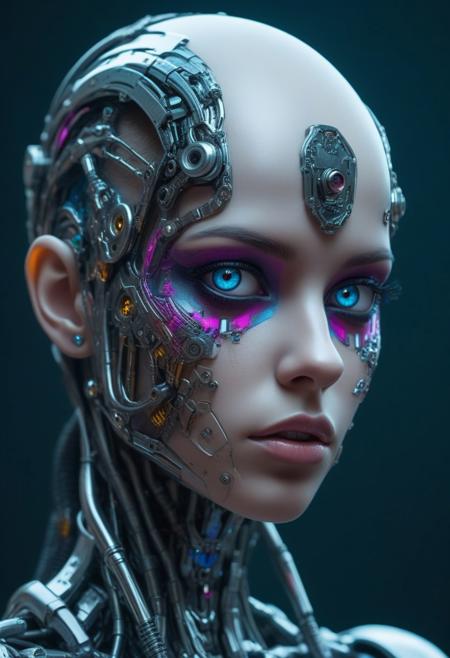Cyborg biomechanical girl with a cyberpunk appearance with metal pieces on her face and body, with a glass appearance and very vivid colors, deep gaze, very stylized and feminine, big eyes, no hair