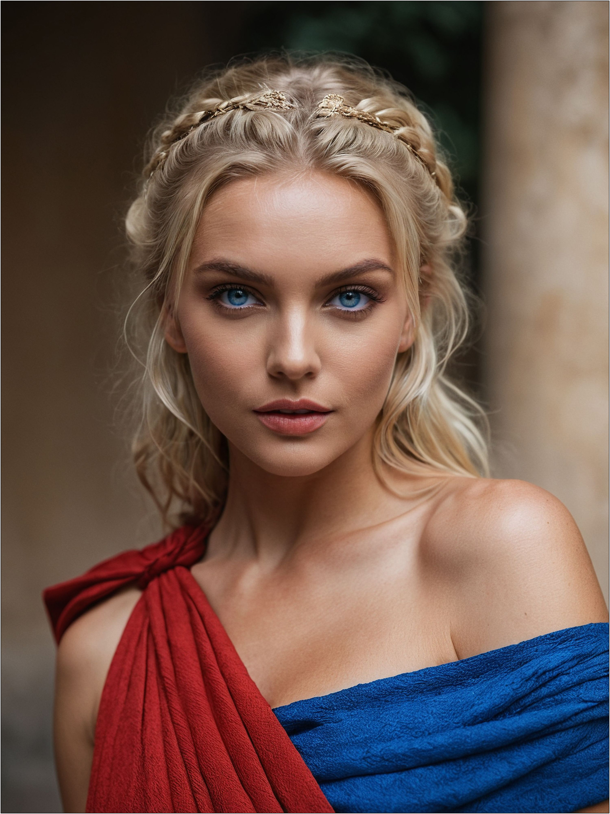 (mid body shot), , in a (red and blue toga barely covering body) <lora:Taylor_XL:0.6>, (striking features, Swedish model, beauty, intricate details, dramatic composition, blonde hair, perfect eyes, highly detailed beautiful expressive eyes, texture, Rome, 35mm photograph, film, bokeh, professional, 4k, highly detailed dynamic lighting, photorealistic, 8k, raw, rich, intricate details, key visual, vivid colors <lora:Perfect Hands:0.6>,  <lora:RMSDXL_Enhance:1>