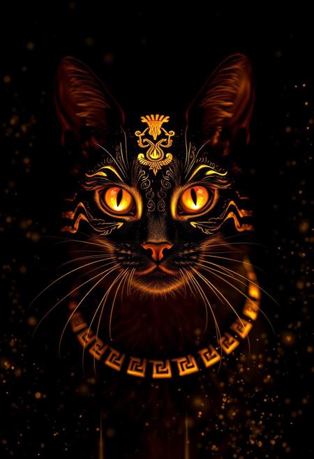 "Create a photorealistic image of a majestic cat with gold Egyptian face paint, glowing warm and bright in the darkness. The face paint should be intricately detailed, with delicate hieroglyphics and patterns that seem to shimmer and shine. The image should be cast in a dark, velvety blackness, with the only light coming from the glowing face paint. Gold dust should be shimmering down all around the cat, as if it's being showered with a divine, golden rain. The dust should be rendered in exquisite detail, with subtle sparkles and glints that add to the sense of luxury and opulence. The cat's eyes should be piercing and bright, shining like jewels in the darkness. The overall effect should be one of breathtaking, majestic beauty, as if the cat is a living, breathing work of art." Highest-Quality, 4k, intricate details, visually stunning, Masterpiece